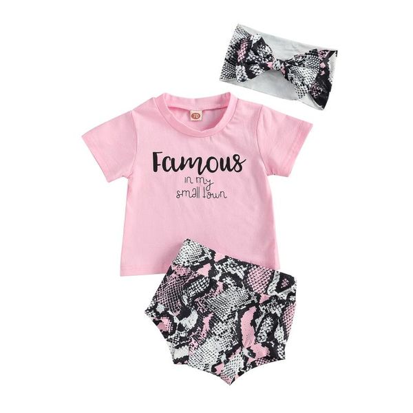 

clothing sets 2021 summer born baby girls clothes letter t shirt snakeskin shorts+headband outfits set roupa 3-24 months, White