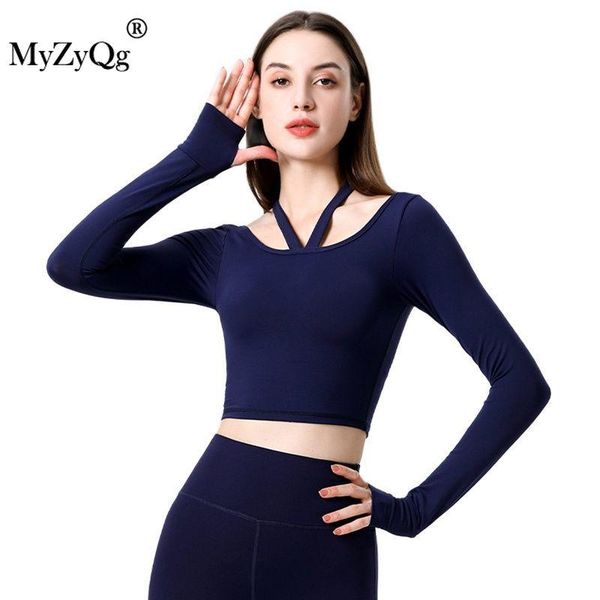 

yoga outfit round neck short sports running t-shirts quick-drying tight-fitting long sleeve fitness workout gym drawstring cropped