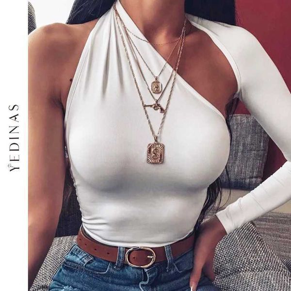 Yedinas Kadınlar Seksi T-shirt Açık Geri Uzun Kollu Üst Bir Omuz Harajuku Kızlar için Kore Skinny Tee 210527