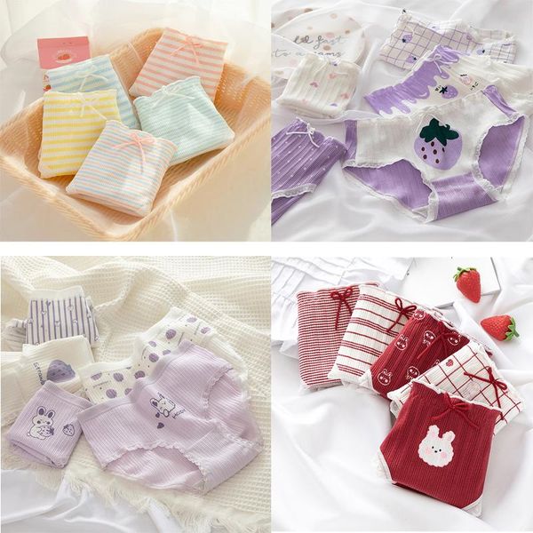 

women's panties 5 pcs/set thread cotton underwear women cute print with fur ball kawaii lingerie strawberry, Black;pink