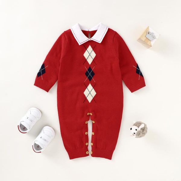 

born baby rompers fashion turn-down neck full sleeve toddler & infant boys girls cotton jumpsuits playsuits one piece knitted, Blue