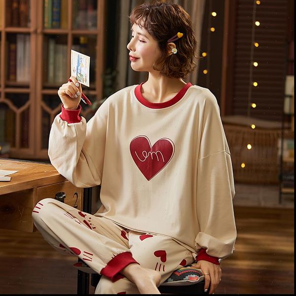 

full cotton pajamas pyjamas womens sleepwears set long sleeve pijamas suit sleep two piece loungewear big size, Black;red