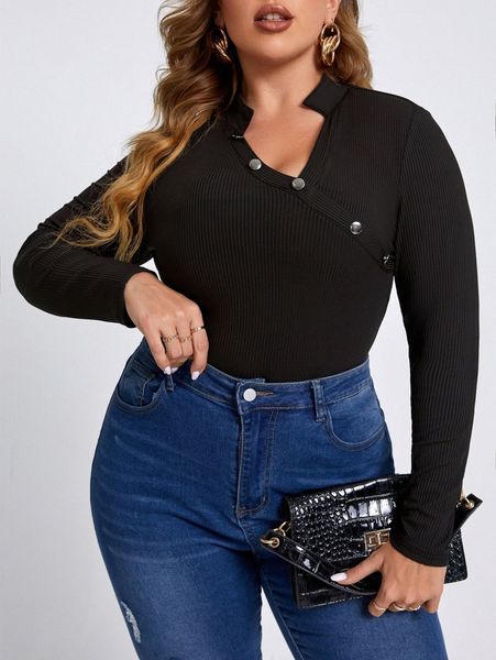 

plus button detail ribbed knit tee d70e#, Black