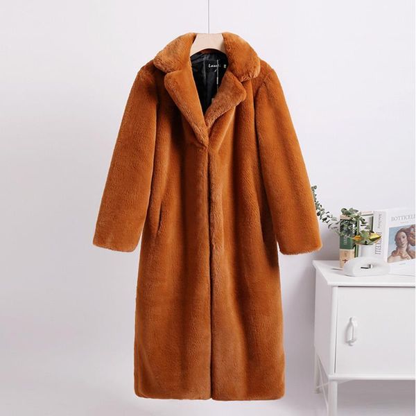 

women's fur & faux 2021 winter solid color long faxu coats turn down collar sleeve warm thick lambs straight casaco feminino, Black