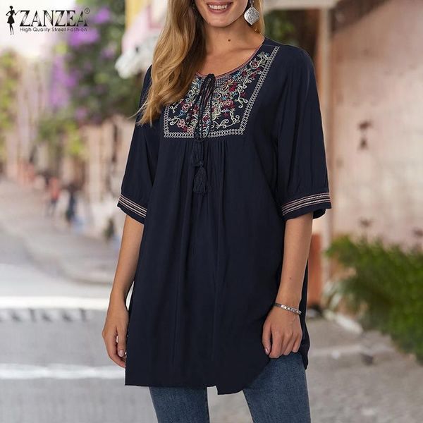 

women's blouses & shirts summer blouse bohemian half sleeve floral embroidery shirt women vintage long tunic lace-up loose holid, White