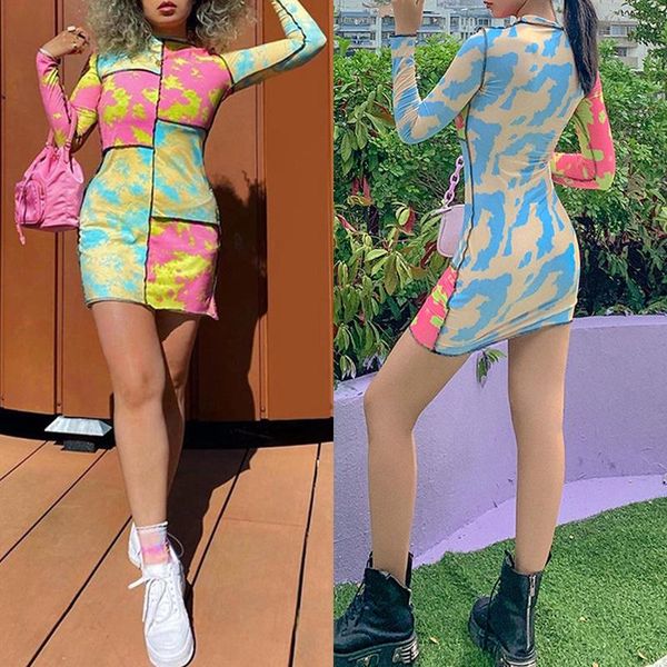 

casual dresses women's round neck long sleeve fashion slim printed pack hip dress multicolor, Black;gray