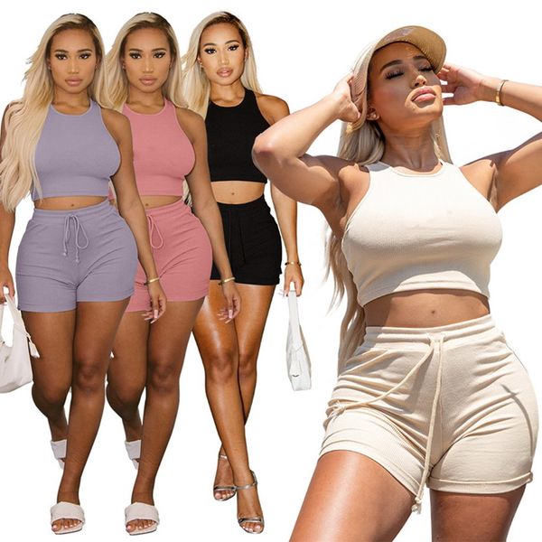 

women tennis tracksuits two piece biker sets tank shorts designer summer yoga sportswear black jogger suits sleeveless crop s-2xl with logo, Gray