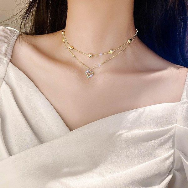 

pendant necklaces fashion layered crystal heart necklace for women vintage hollow chain clavicle choker bohemian jewelry, Silver