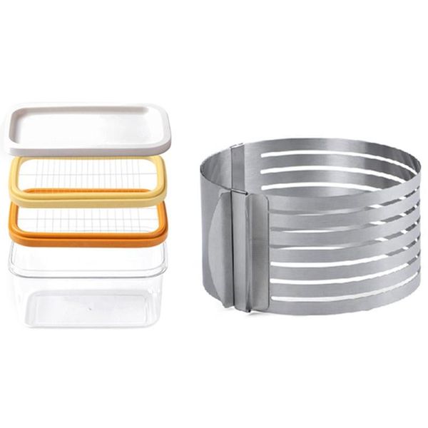 

set 2 layer kitchen home butter box cutting with lid & 1 6-8in adjustable layered cake slice mold cutter storage bottles jars