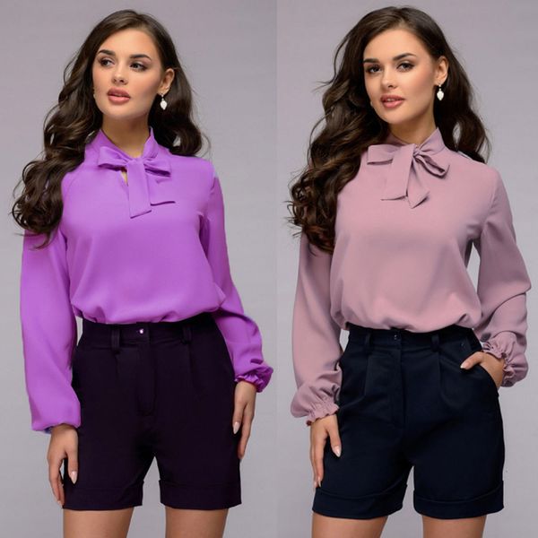 

elegant bow tie women shirt spring autumn ladies solid long sleeve chiffon shirts casual blouses vintage, White