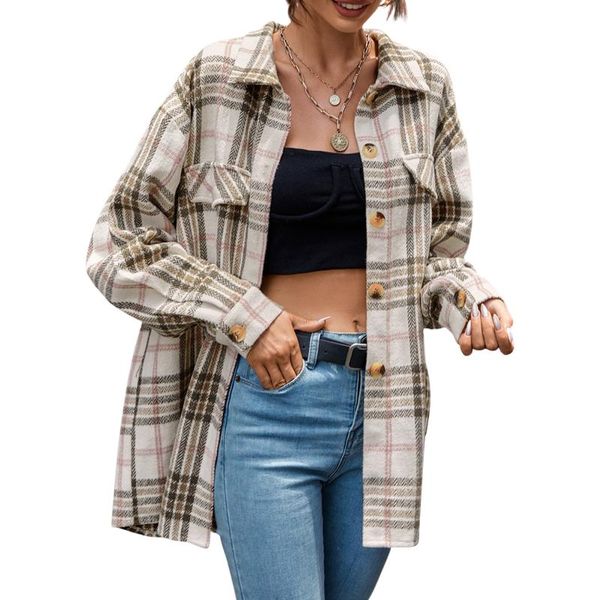 

women's jackets womens casual long sleeve polyester loose cardigan shirts fashion plaid lapel button coat with fake pockets, Black;brown