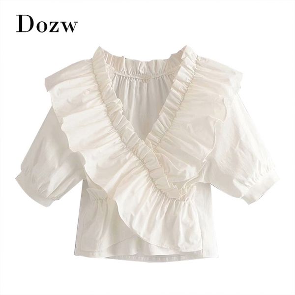 

women chic ruffles blouse summer v neck fashion pleated white ladies tunic lantern short sleeve female shirt blusas mujer 210515