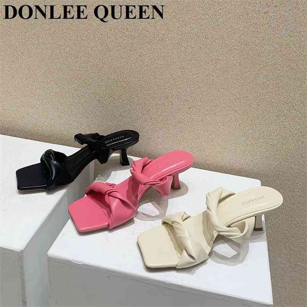 

brand slipper fashion med heel sandal slip on slides outdoor flip flops elegant pleated shoes sandalias de las mujer 210619, Black