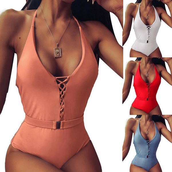 

monokini swimsuit women solid color belt buckle chest bandage deep plunge monokini swimsuit bathing suit female summer wear, White;black