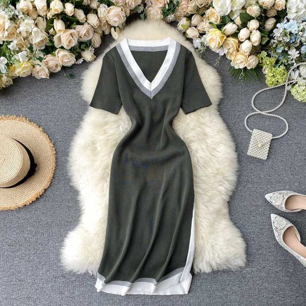 

casual dresses vintage spring v neck slim summer patchwork knitted midi dress women t shirt dress vestido de festa casual party nlf5, Black;gray