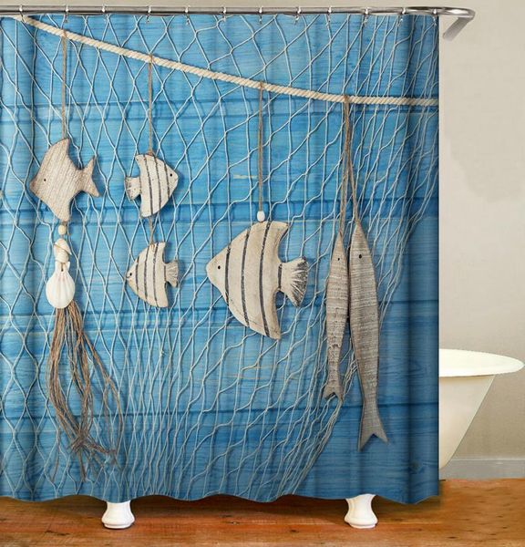 

shower curtains fishing net blue wooden board curtain fashion bath accessories with 12 hooks waterproof polyester fabric bathroom decor