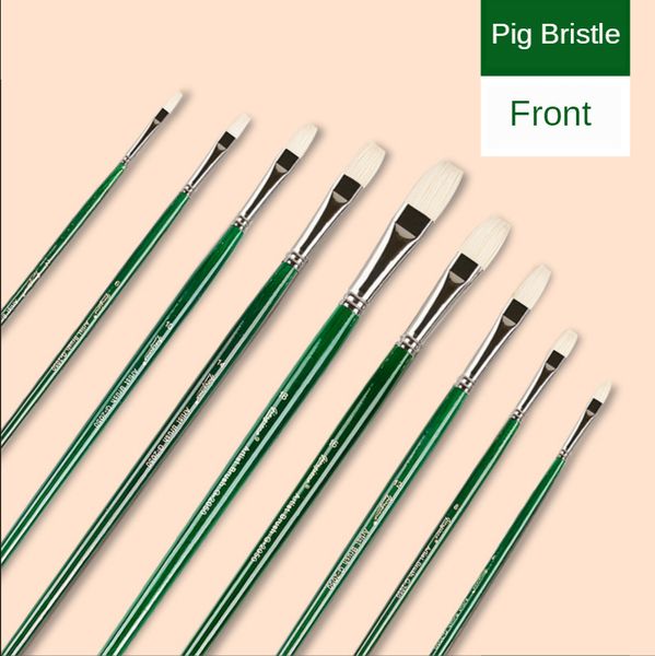 

single-support flat-headed pig bristle hair paint brush water gouache oil painting pen long rod art students color art supplies