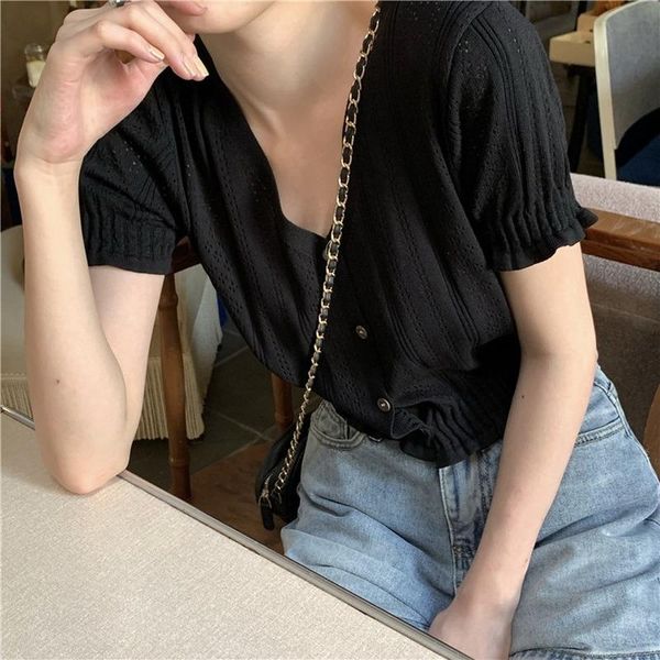 

women's t-shirt summer women fashion v-neck short sleeve crop korean hollow out knitted t-shirts female casual white/black tees