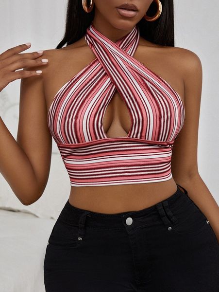 

sxy striped print backless crop halter c3bi#, White