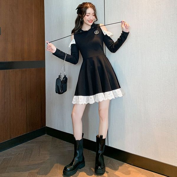 

luxury women's jackets lolita sweet cool 2021 autumn dign small crowd off shoulder long sleeve hooded sweater skirt, Black;brown