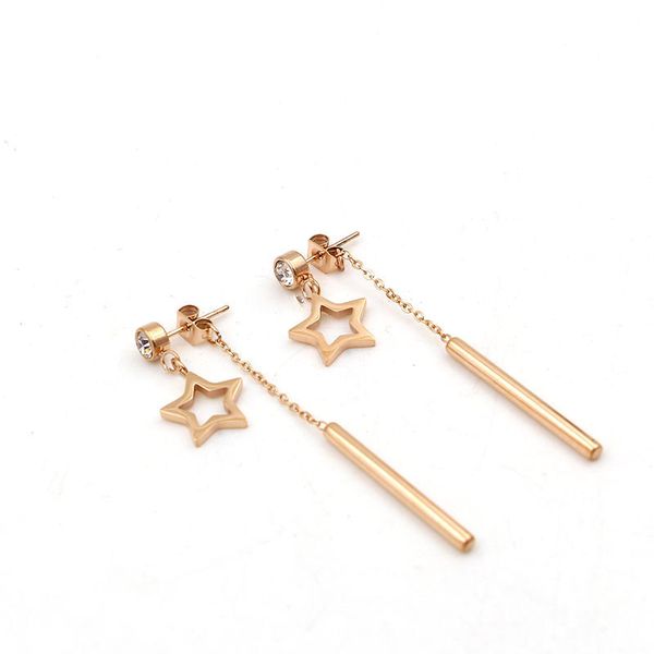 

e5-303 korean version single drill five pointed star hanging column earrings for women, Golden