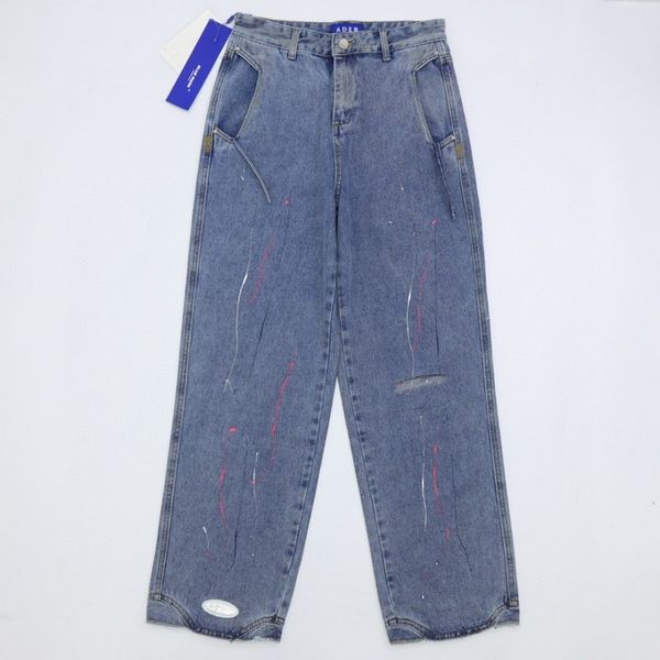 

2021 fall winter adererror devil series fake pocket tassels hip-hop casual fashion oversize women faded wash jeans, Blue