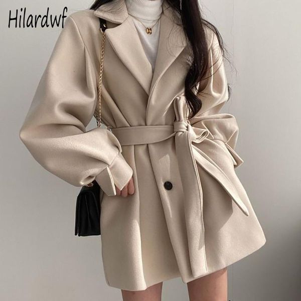 

women's wool & blends hilardwf rice white loose lantern sleeve 2021 fashion collect waist dust coat lace-up winter warm women woolen bl, Black