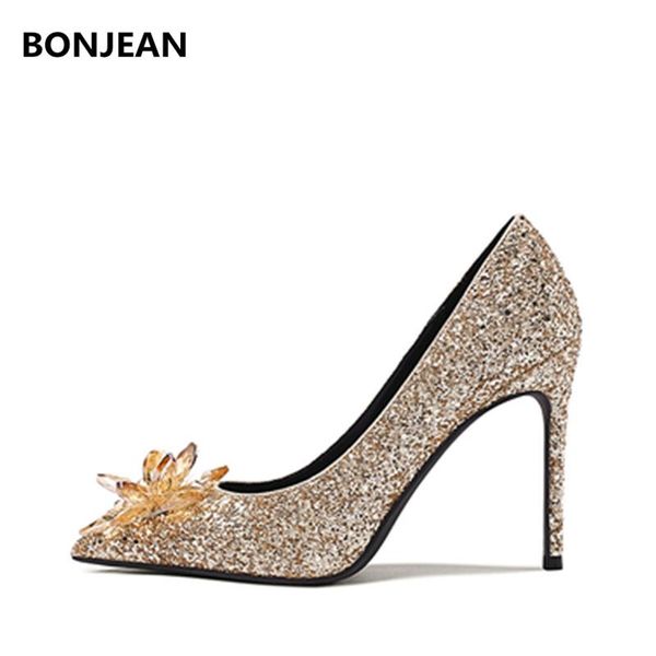 

dress shoes bonjean slip on thin heels women pumps gold bling woman stiletto pointed toe wedding party crystal embellished, Black