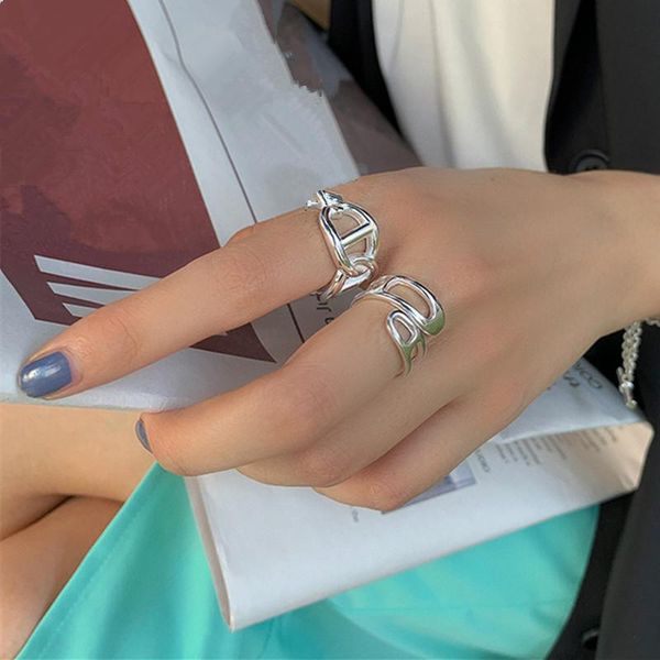 

wedding rings aomu 2021 fashion simple hollow silver color geometric cross chain metal for women creative design jewelry gifts, Slivery;golden