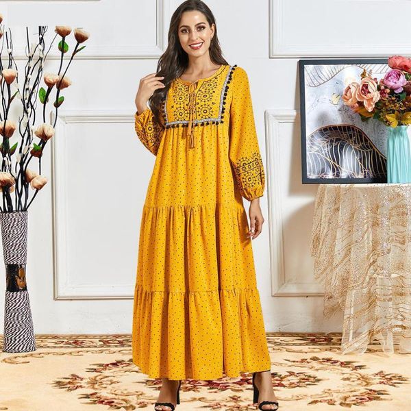 

ethnic clothing abaya kimono autumn women's embroidery multi-layer pleated long-sleeved casual dress muslim women djellaba modest, Red