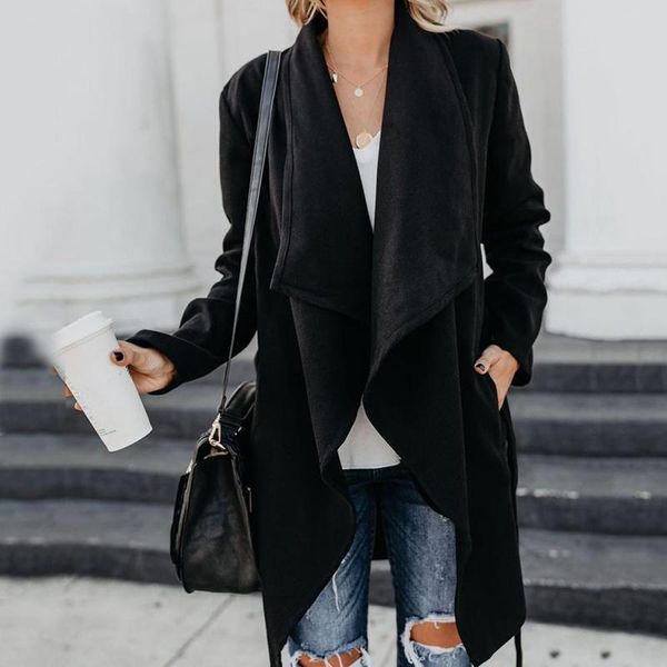 

women's wool & blends winter casual warm jacket office lady loose long coats women autumn fashion streetwear mid-length woolen belt co, Black