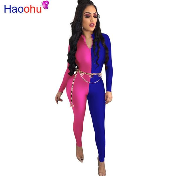 

women's jumpsuits & rompers haoohu neon splice zip up bodycon long sleeve body overalls one piece outfit party club womens jumpsuit, Black;white