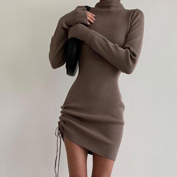 

casual dresses women drawstring bodycon ruched dress turtleneck long sleeve slim mini ajdustable female partywear vestidos 2021 autumn, Black;gray