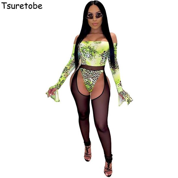 

gym clothing tsuretobe leopard print jumpsuits women summer mesh patchwork bodysuit hollow out rompers long sleeve club outfits female, White;black