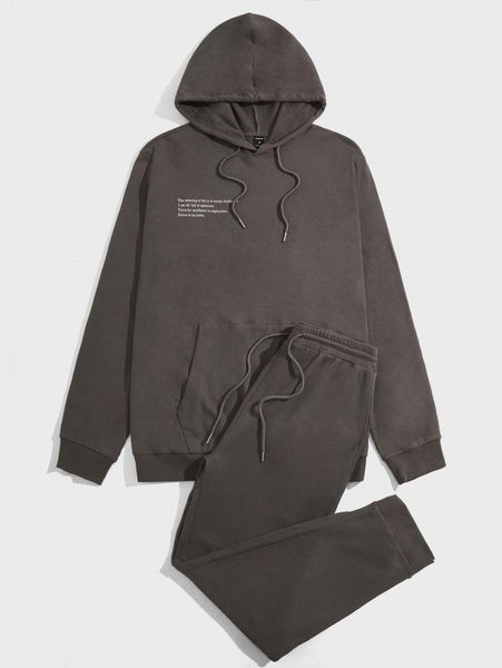 

men slogan graphic drawstring hoodie & sweatpants 13oi#, Gray