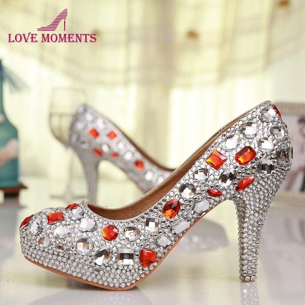 

luxury handmade silver rhinestone red crystal wedding shoes round toe high heel bridesmaid prom heels dress, Black