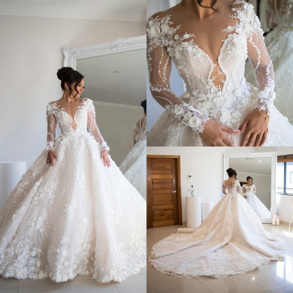 

luxury 2021 wedding dresses bridal gowns 3d floral lace appliqued beaded long sleeve country style vestidos de novia281u, White