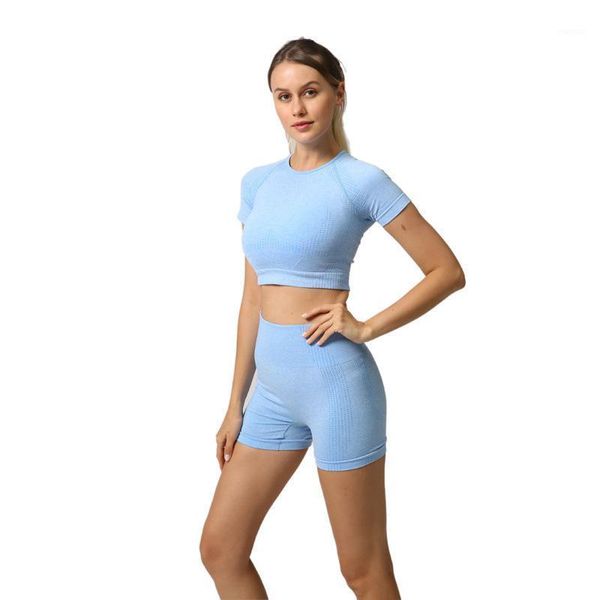

europe and america yoga clothes fitness tight seamless short sleeve dotted women's jacquard shorts set1, White;red