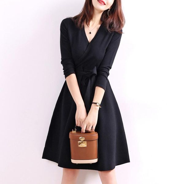 

casual dresses high-quality autumn spring style v-neck long-sleeved lace dress knitted streetwear brand female women, Black;gray