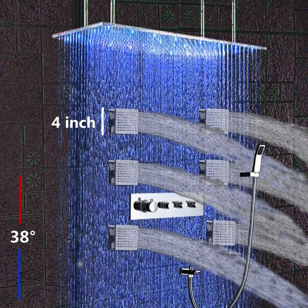

hydro power led shower head set bathroom system 3 way thermostatic rainfall mixer with 4 inch body jet chuveiro sets