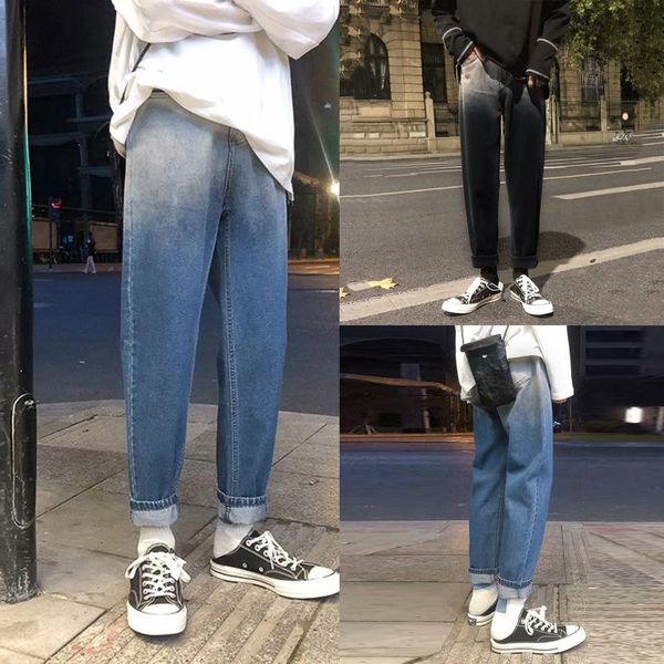 

men's jeans streetwear gradient color printed loose oversized harem denim vintage retro washed basic trousers 2021 t6, Blue
