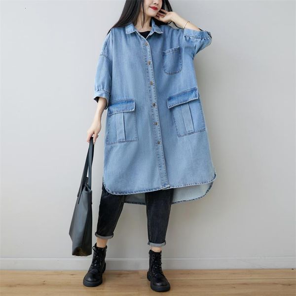 

women's blouses & shirts feminine autumn plus size washed long anguished dress with three-quarters sleeves loose denim shirt of light c, White