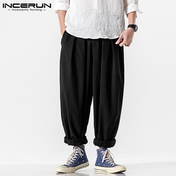 

men's pants incerun linen slacks trousers fashion all-match loose solid color comfortable casual streetwear pantalones s-5xl 2021, Black