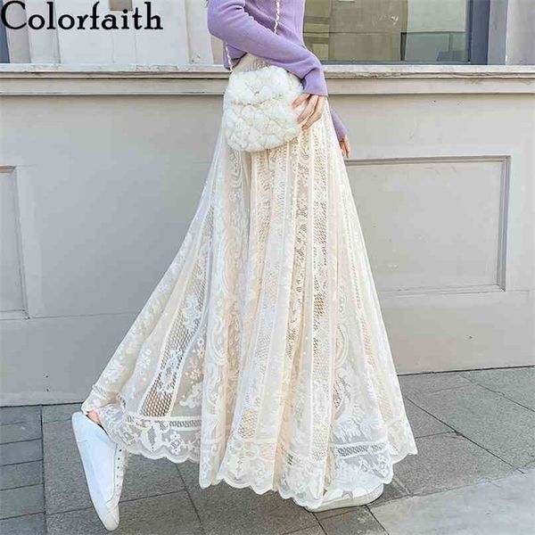 

spring summer women ankle-length long skirt lace korean elegant flare sweet high waist wild lady skirts sk1305 210427, Black