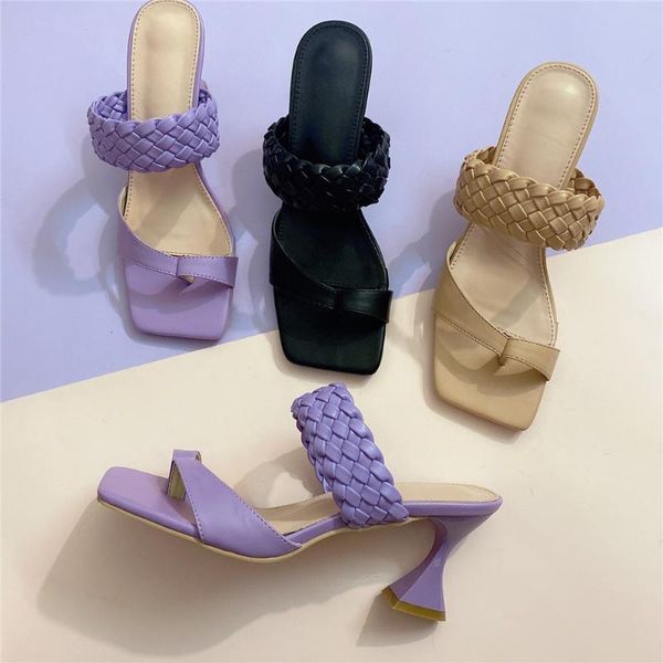 

sandals 2021 design women weave fashion high heel twist flip flop square toe ladies shoes elegent soft slides dress, Black