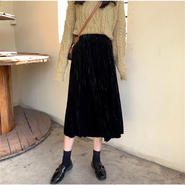 

skirts 2021 autumn winter casual woman skirt high waist vintage elegant female shinny long pleated all-match ladies, Black