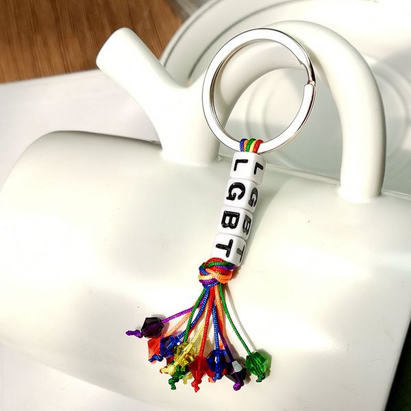 

key chain lgbt pride rainbow tassel letter color woven same-crystal, Silver