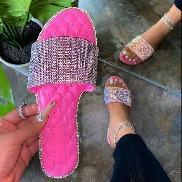 

bling rhinestone boarded women flat with slippers lady's summer home outdoor slides shoes big size 43, Black