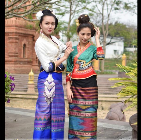 

myanmar traditional costume dai nationality slim retro short sleeved jacket + skirt water splashing festival life clothes ethnic clothin, Red