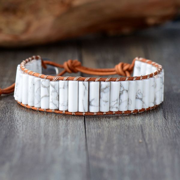 Braccialetti avvolgenti in pelle singola Howlite naturale a forma di tubo Gioielli fatti a mano in pietra intrecciata bohemien